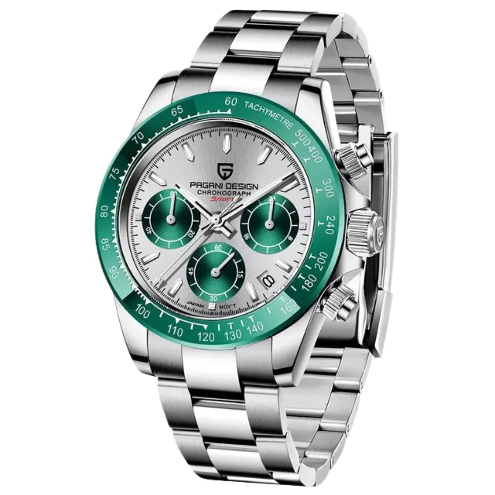 reloj-pagani-design-daytona-verde-esmeralda-acero-tendencia-john-mayer