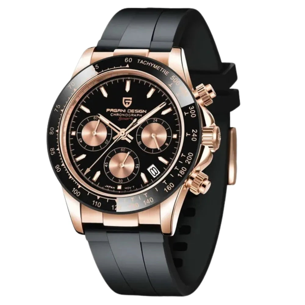 reloj-pagani-design-daytona-oro-rosa-esfera-negra-correa-caucho