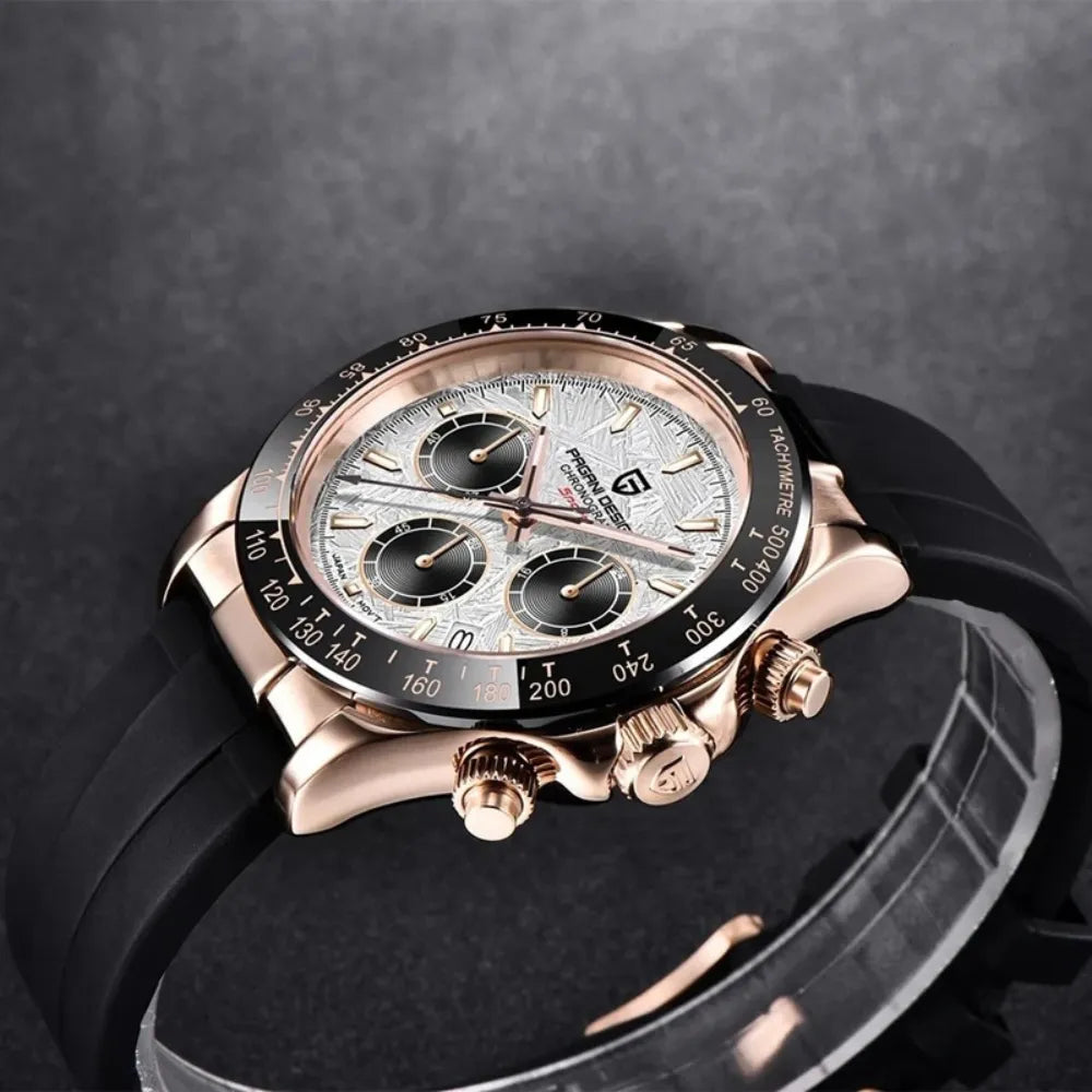 reloj-pagani-design-daytona-bodegon-lujo-oro-rosa-fondo-oscuro