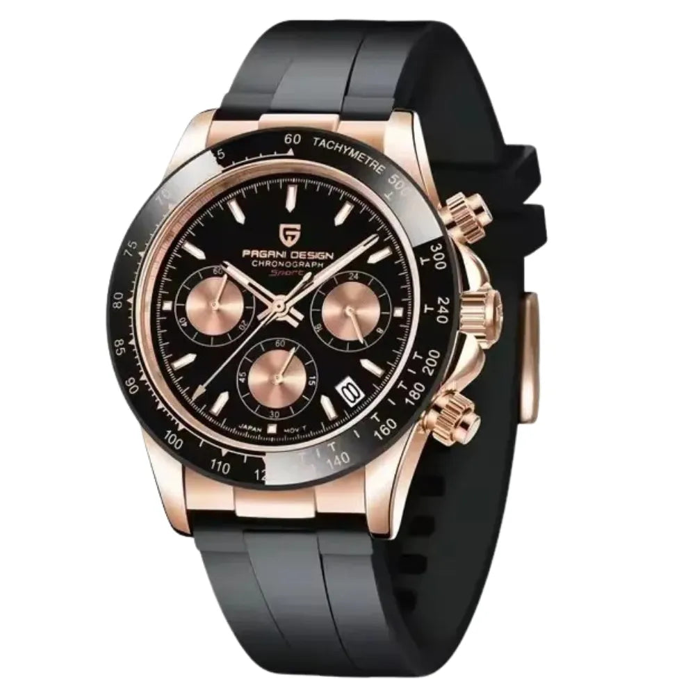 reloj-pagani-design-daytona-rose-gold-negro-deportivo-elegante