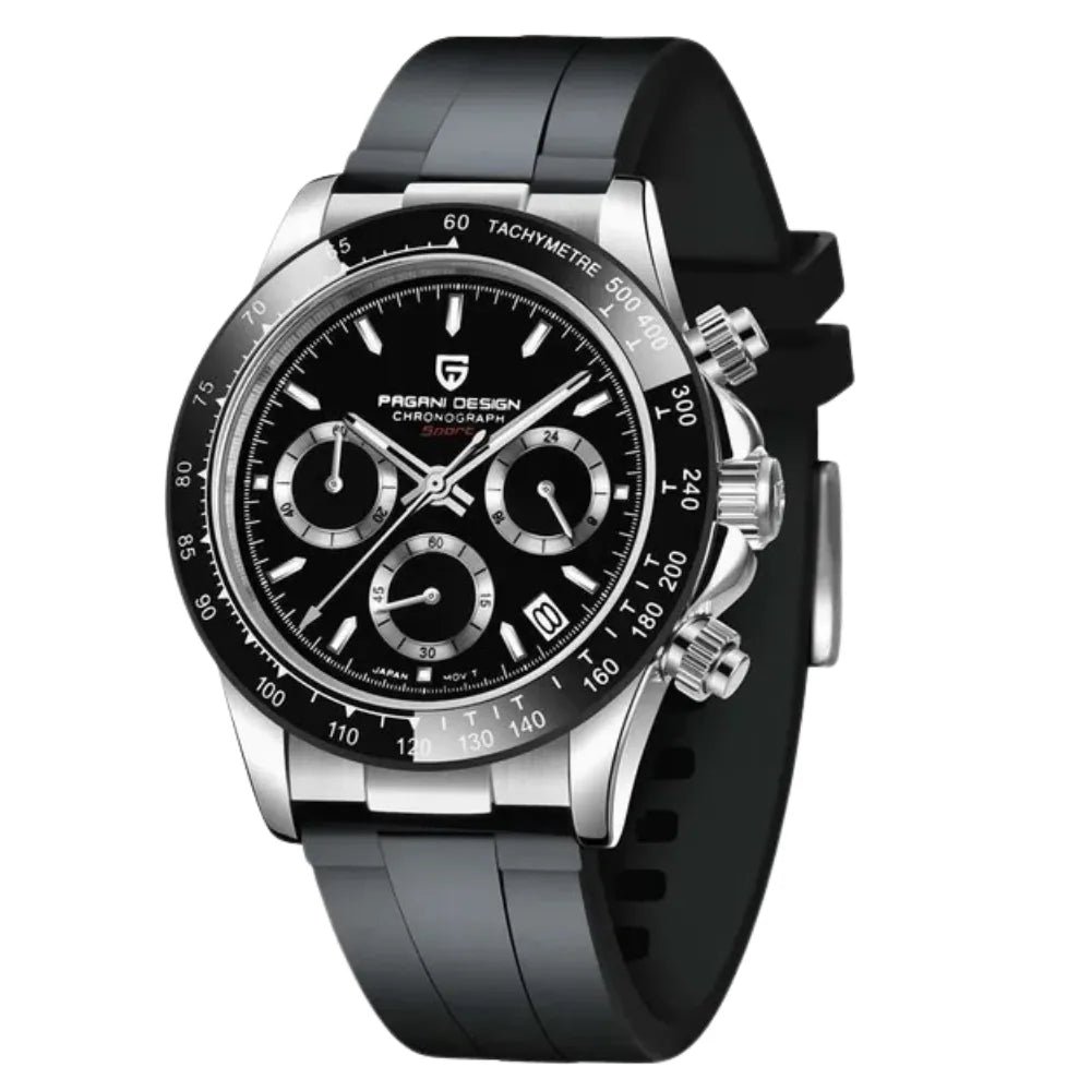 reloj-pagani-design-daytona-acero-plata-esfera-negra-silicona