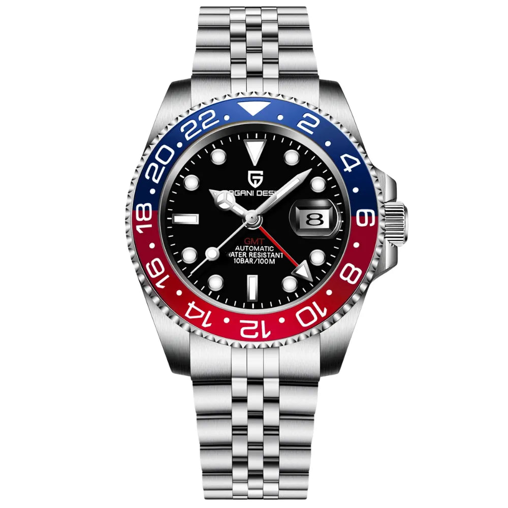 reloj-pagani-design-gmt-master-ii-bisel-azul-rojo-acero-brillante