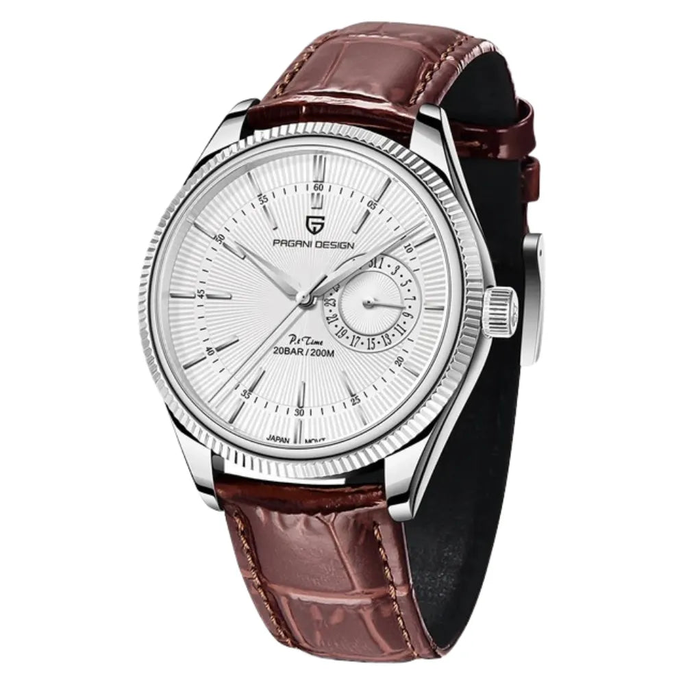 reloj-pagani-design-heritage-blanco-plateado-correa-cafe-clasico