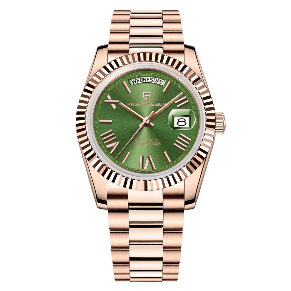 reloj-pagani-design-president-dorado-rosa-fondo-verde-moda-mexico