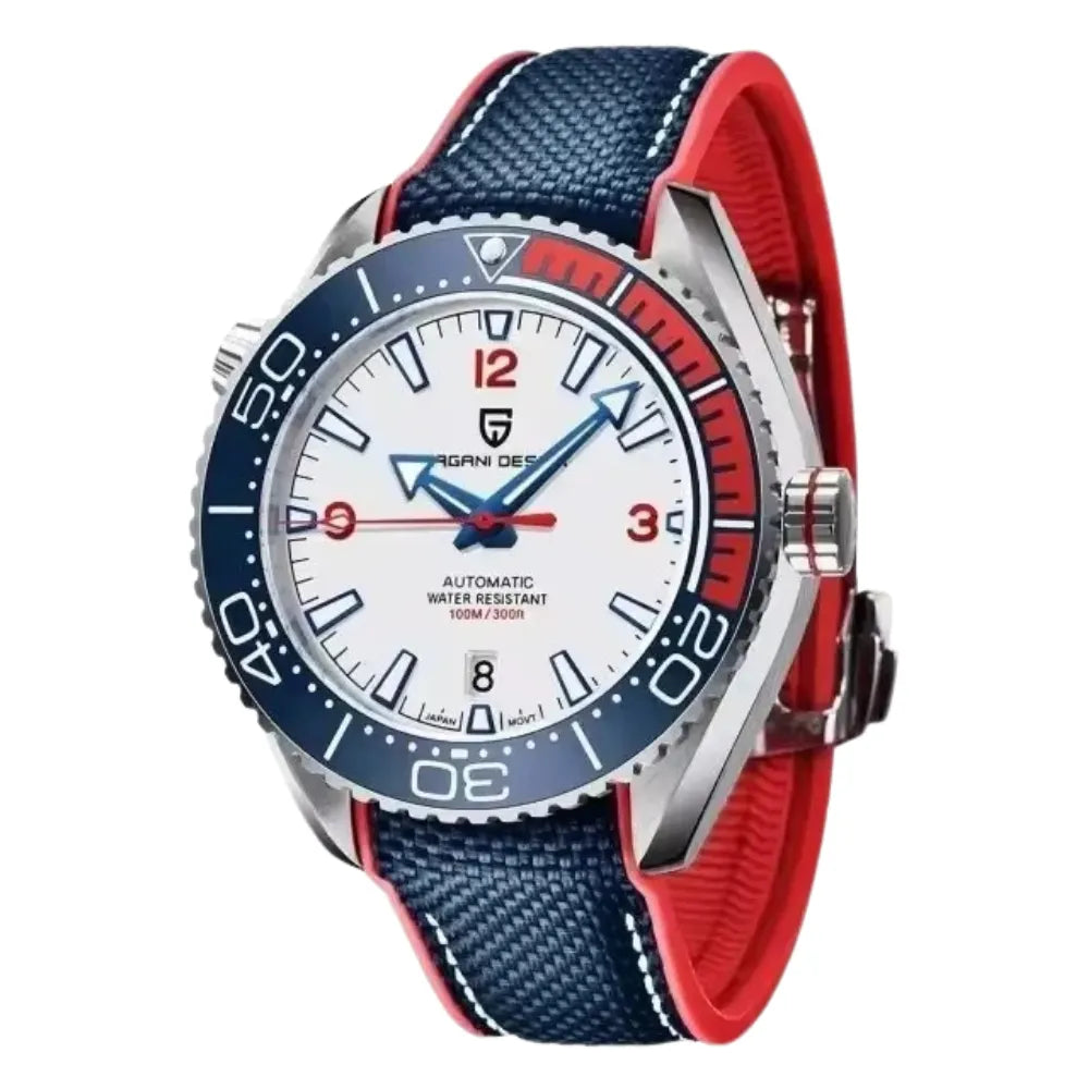 reloj-pagani-design-seamaster-blanco-bisel-azul-rojo-correa-hibrida