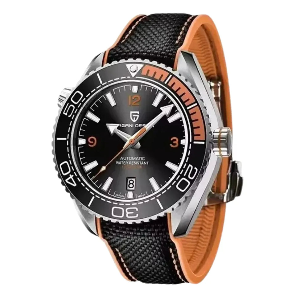reloj-pagani-design-seamaster-negro-naranja-deportivo-correa-caucho-textil