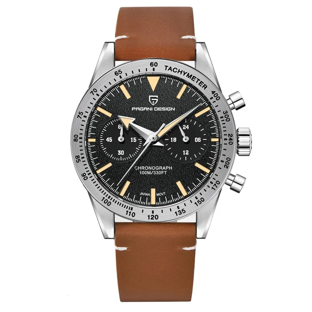 reloj-pagani-design-speedmaster-negro-correa-cuero-marron-vintage