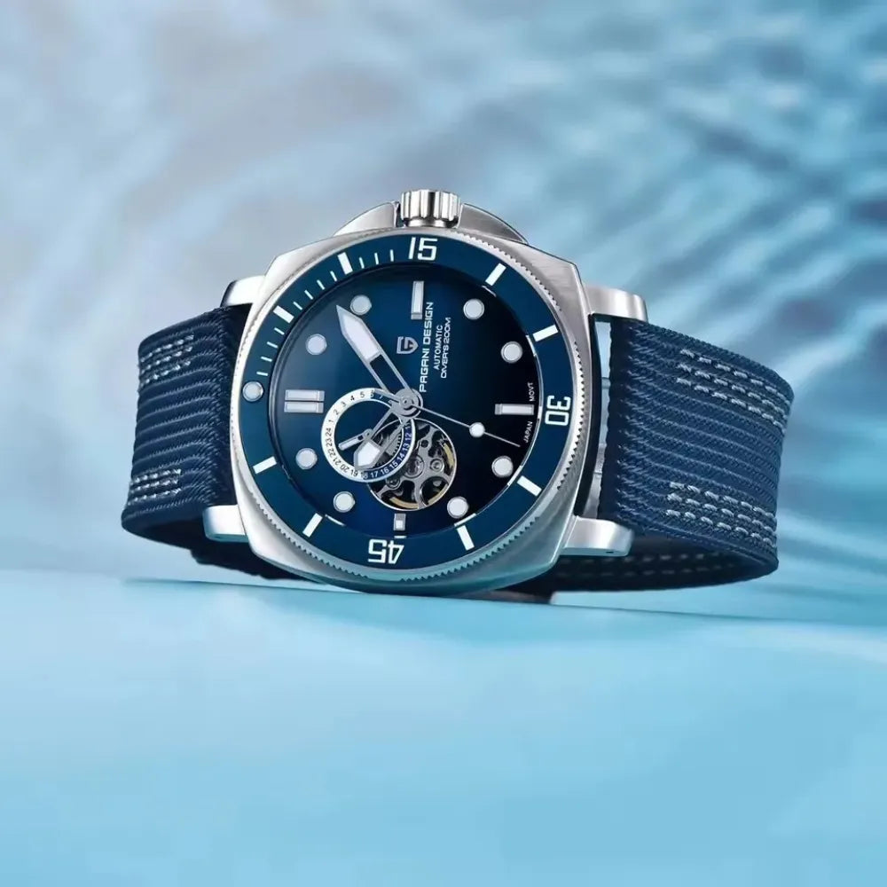 reloj-pagani-design-stealth-azul-angulo-frontal-bisel-giratorio